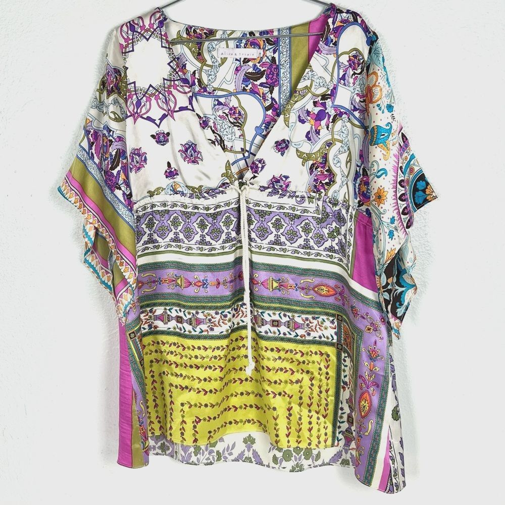 Alice & Trixie Silk Boho Multi Print Short Sleeve Top Maximalist Blouse